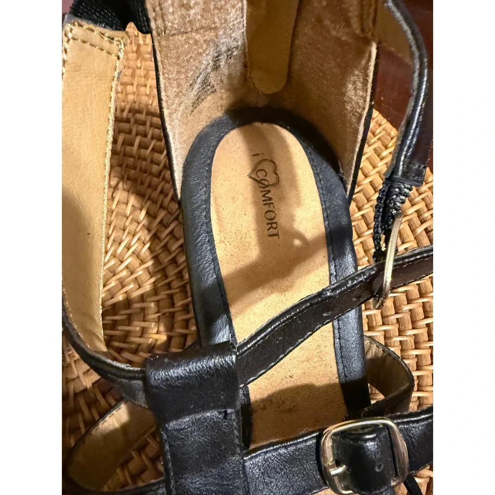 iComfort Womens Black Strappy Wedge Sandals Low Heel Back Zip Buckle Straps